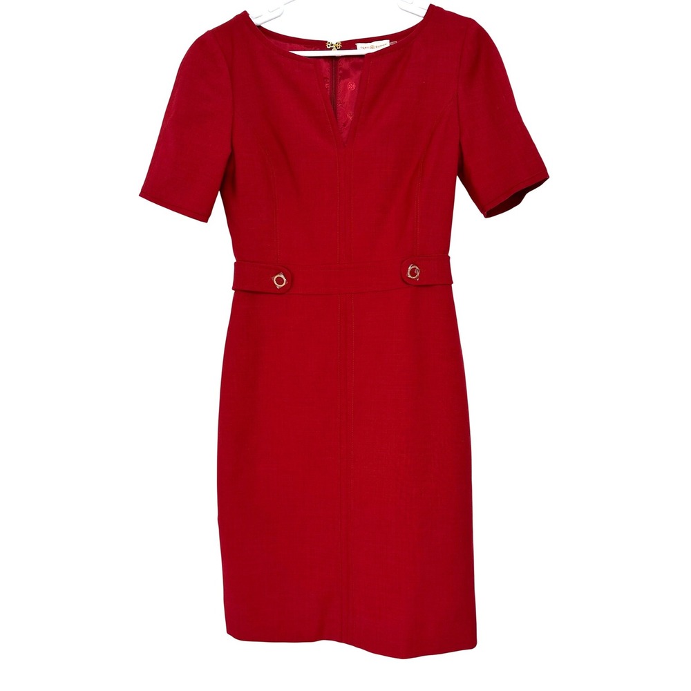 Tory Burch Lydia Sheath Wool Dress Red Short Sleeve Notched Neck Size 4 NWT - Picture 3 of 12